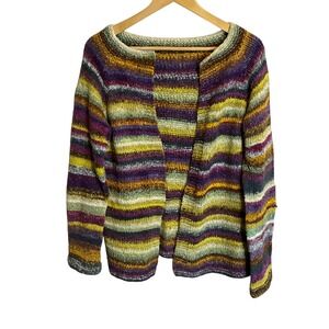 Handmade Knit Open Front Cardigan Sweater Multi Color Striped Womens Boho Hippie